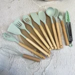 ست کفگیر ملاقه سیلیکونی دسته چوبی ۱۲ پارچه