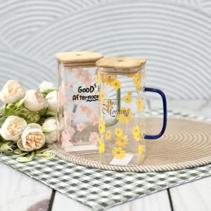 لیوان پیرکس طرح شکوفه مربعی نی دار